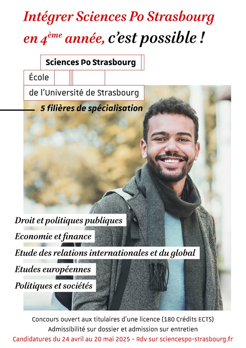 Intégrer <a href="/ScPo_Strasbourg/">Sciences Po Strasbourg</a> en 4ème année, c’est possible ! Concours spécifique. 
➡️Plus d'infos :sciencespo-strasbourg.fr/actualites/act…
Trouvez votre voie ! Rejoignez-nous !