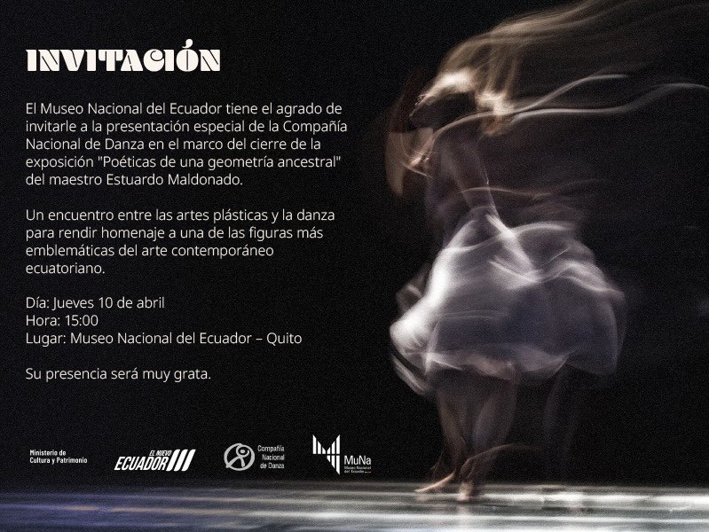 ✨  La Compañía Nacional de Danza llega al MUNA 🏛️ Acompáñanos hoy, en el cierre de la exposición "Poéticas de una geometría ancestral", del maestro #EstuardoMaldonado 👨‍🎨.
📍MuNa (Av. Patria y 6 de Dic)
🎟️ Entrada libre
<a href="/Cultura_Ec/">Ministerio de Cultura y Patrimonio 🇪🇨</a> <a href="/Creatividad_Ec/">IFCI</a> 
#ElNuevoEcuador