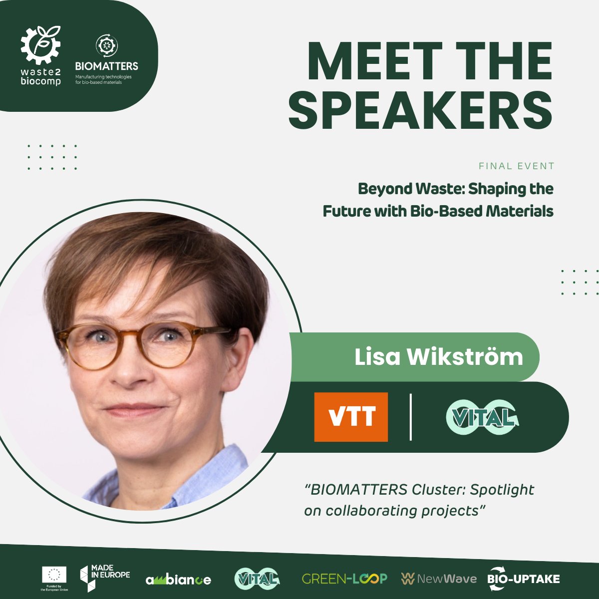 Waste2biocomp (@waste2biocomp) on Twitter photo Lisa Wikström, from VTT, will present “BIOMATTERS Cluster: Spotlight on Collaborating Projects”, featuring the <a href="/VITALHEProject/">VITAL Project</a>! 🌱
🔑 Discover how VITAL is advancing bio-based thermoplastic processing with 3D printing & foam injection molding.
Register: forms.gle/y9tjifoHmvZWUE… Lisa Wikström, from VTT, will present “BIOMATTERS Cluster: Spotlight on Collaborating Projects”, featuring the <a href="/VITALHEProject/">VITAL Project</a>! 🌱
🔑 Discover how VITAL is advancing bio-based thermoplastic processing with 3D printing & foam injection molding.
Register: forms.gle/y9tjifoHmvZWUE…