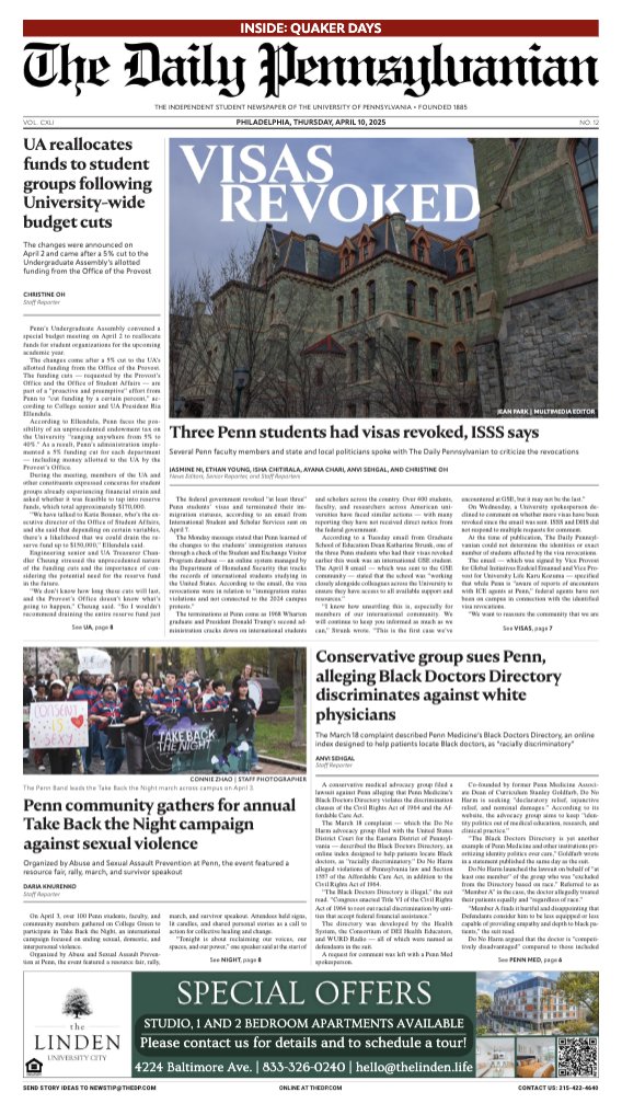 Emily Scolnick (@emily_scol) on Twitter photo Today’s front page of <a href="/dailypenn/">The Daily Pennsylvanian</a>.
Read the full issue here: issuu.com/dailypenn/docs… Today’s front page of <a href="/dailypenn/">The Daily Pennsylvanian</a>.
Read the full issue here: issuu.com/dailypenn/docs…