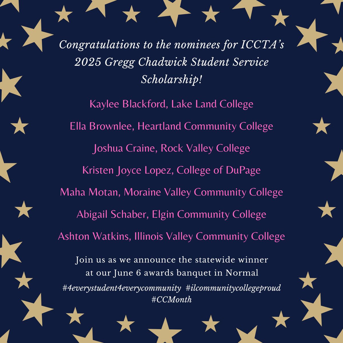 Kudos to the nominees for ICCTA’s Gregg Chadwick Student Service Scholarship, which recognizes  extraordinary commitment to volunteer service. Congratulations to these outstanding students! #CCMonth #4EveryStudent4EveryCommunity #ilcommunitycollegeproud