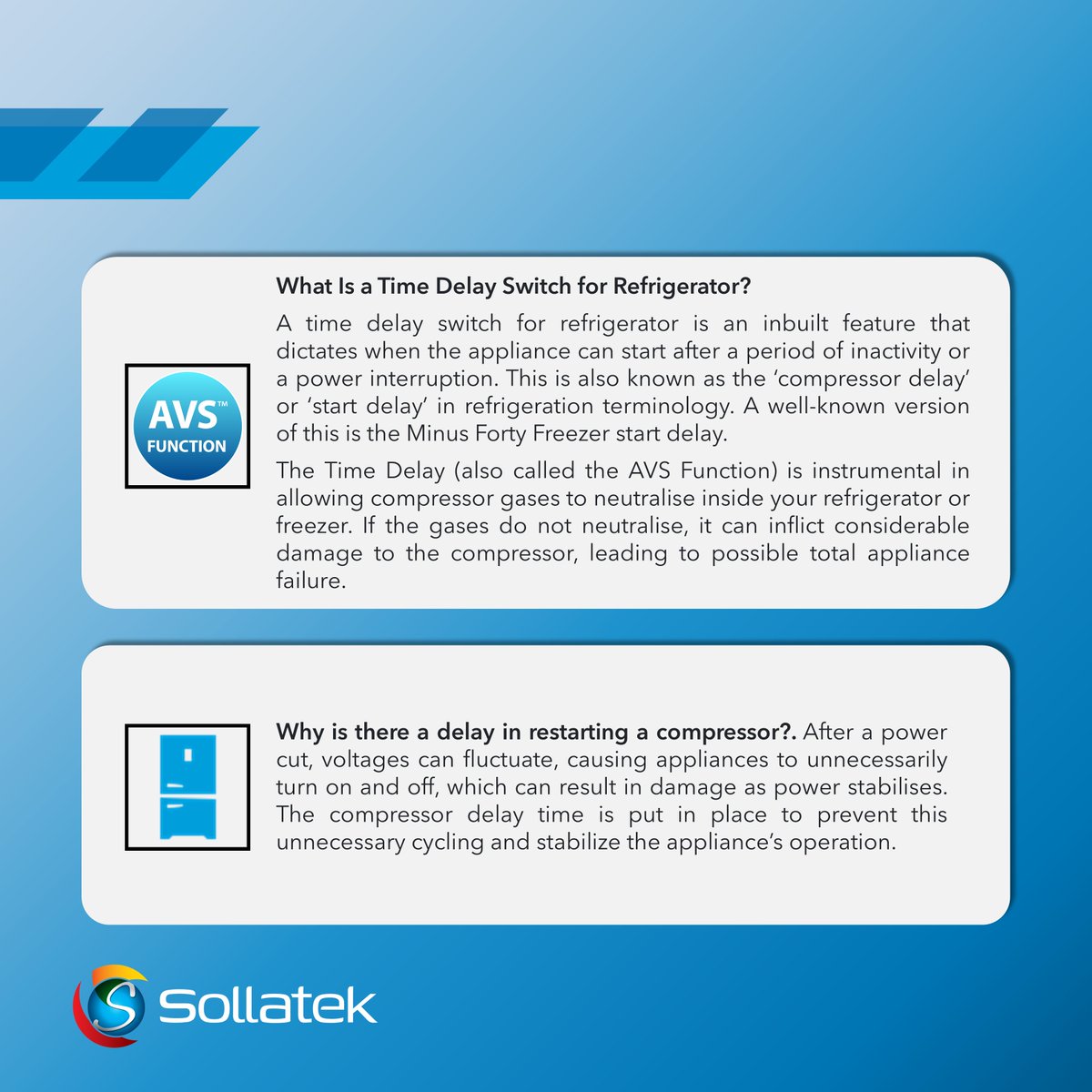 Sollatek's tweet photo. The power on delay or time delay for refrigerator and freezer units is a crucial feature that often goes unnoticed. We've broken down what it is, why it is important, and how it impacts the overall performance and lifespan of your appliances : https://t.co/X4q4fJkHA0
#Voltage https://t.co/NLZnuIcrSD