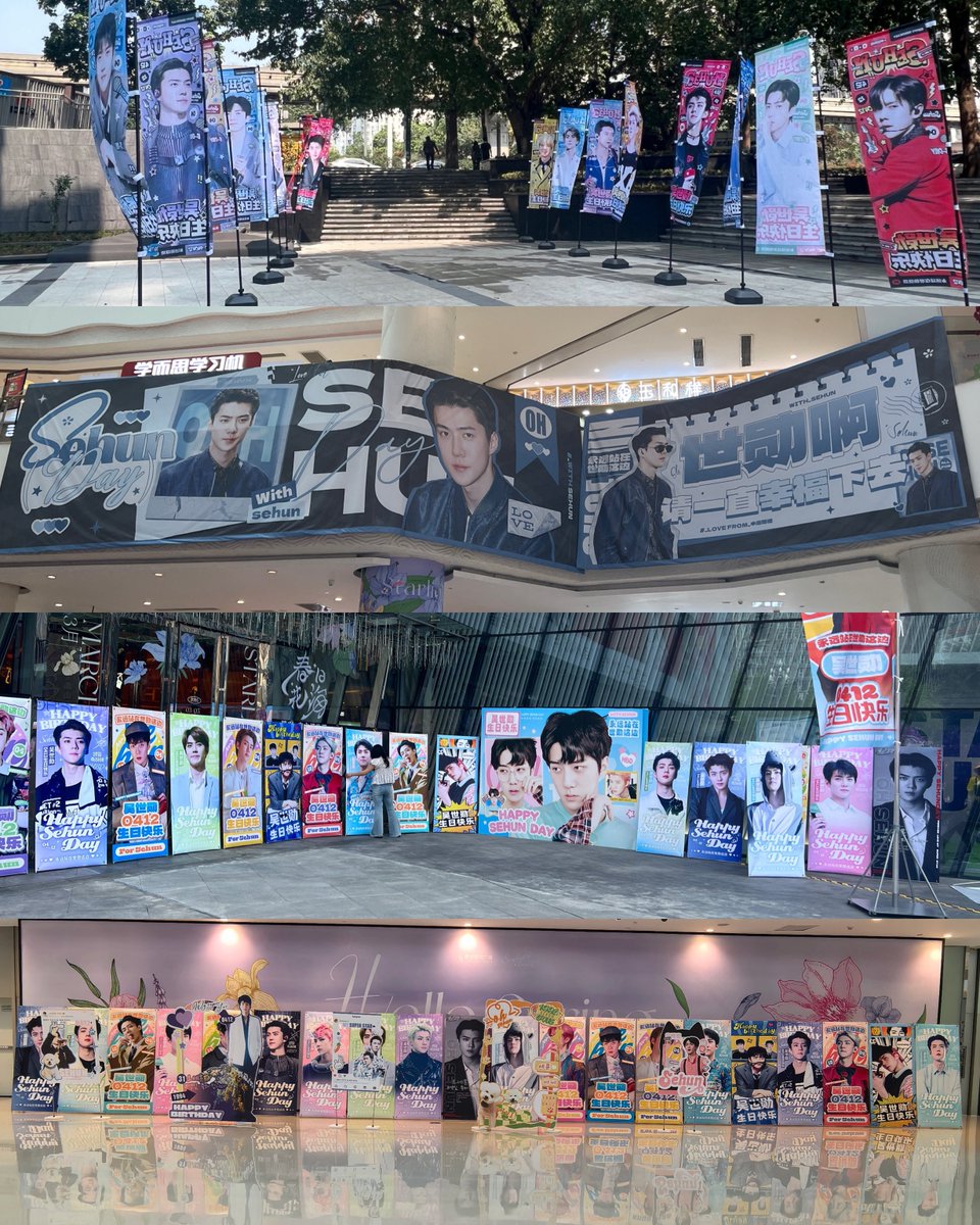 milkteus's tweet photo. ohsehunbar turns starlight place shopping mall in chongqing into a sehun-themed wonderland! 🏬🛍️

sehun is the first-ever korean idol to be featured there for his birthday 🧡

the special setup includes everything from sehun and vivi inflatable dolls, life-sized standees, escalator boards, street flags, and led screens, to a full photo zone, photo frames, a message wall, banners, wrapped columns, wall posters, elevator ads, and more!
