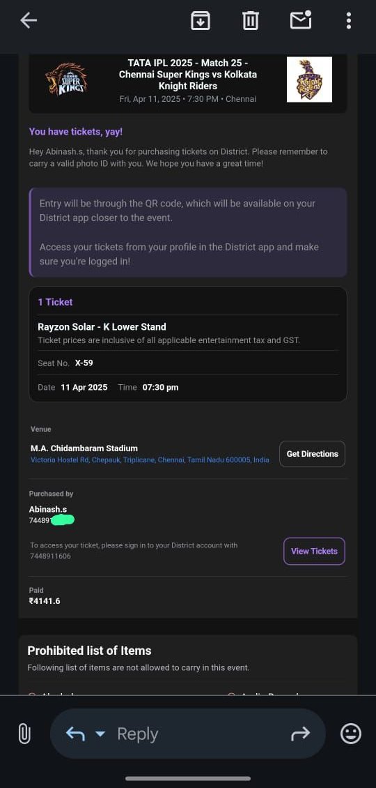 Summa250071's tweet photo. Having 1 K-lower ticket
CSK vs KKR April 11
DM for price...
Genuine 
Tickets will be transferred in district app
#CSKvsKKR #cskvskkrtickets #csk #Dhoni #MSDhoni 
#Chennai #ChennaiSuperKings #kolkatanightriders #KKR #IPL2025 #ipltickets2025 #Chepauk https://t.co/pTPchdY2nM