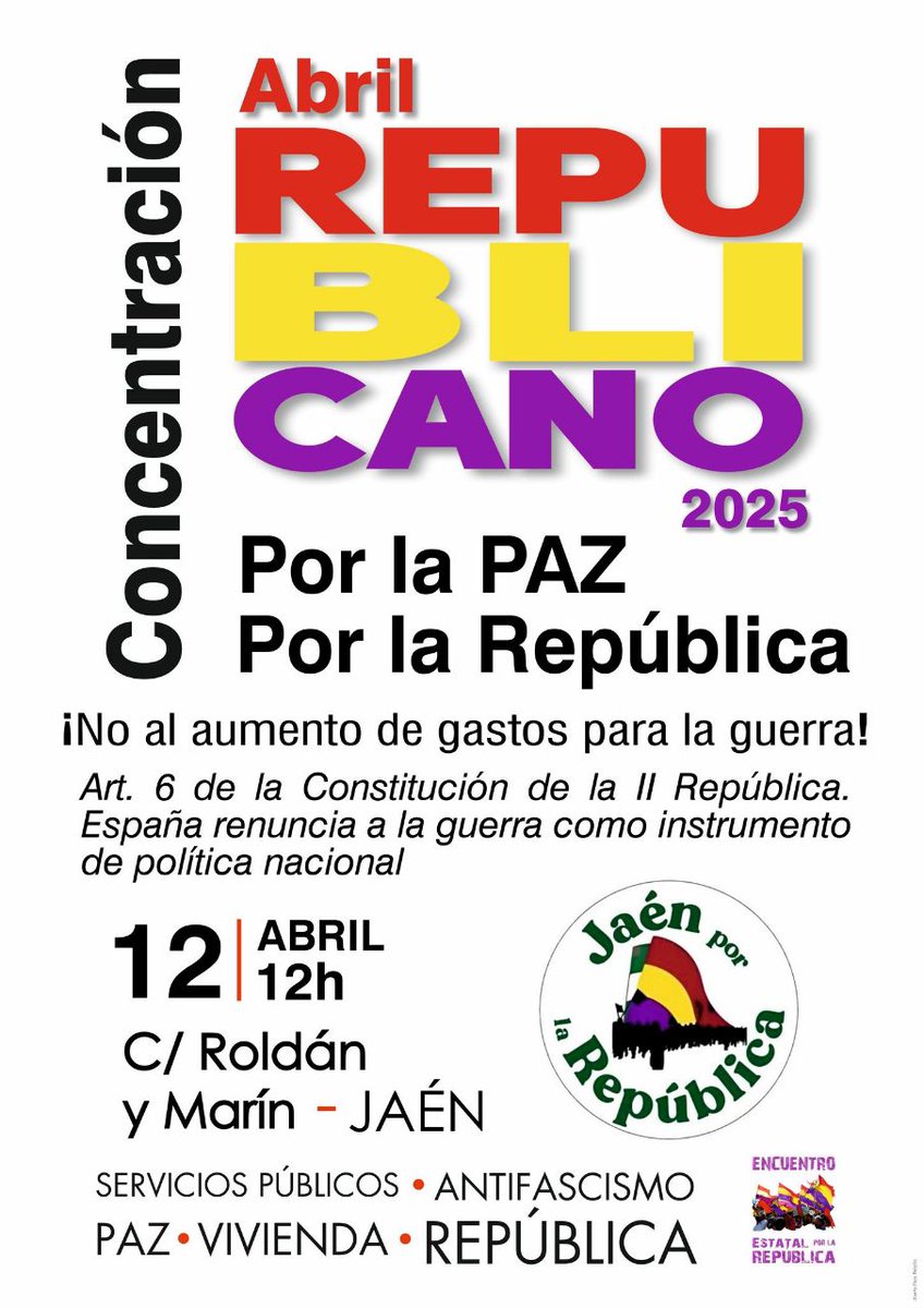 IUJaenProv's tweet photo. 🟥🟨🟪 Abril republicano 2025. Homenajes a la memoria democrática de nuestras victimas que lucharon por la legalidad democrática de la República defendiendo la paz y la justicia social, organizado por diferentes colectivos. ✅Así como la concentración  por la República.🖼🖼 https://t.co/ghyXYpDpEE