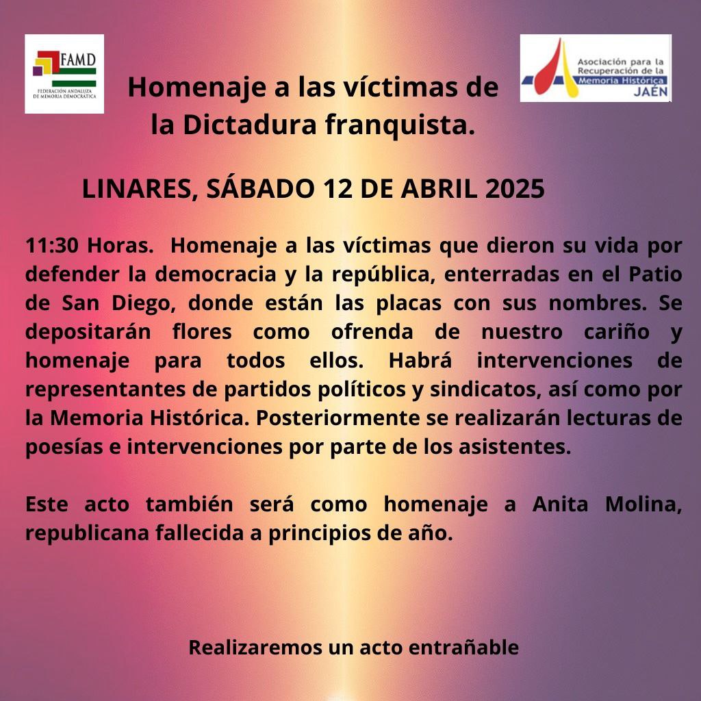 IUJaenProv's tweet photo. 🟥🟨🟪 Abril republicano 2025. Homenajes a la memoria democrática de nuestras victimas que lucharon por la legalidad democrática de la República defendiendo la paz y la justicia social, organizado por diferentes colectivos. ✅Así como la concentración  por la República.🖼🖼 https://t.co/ghyXYpDpEE
