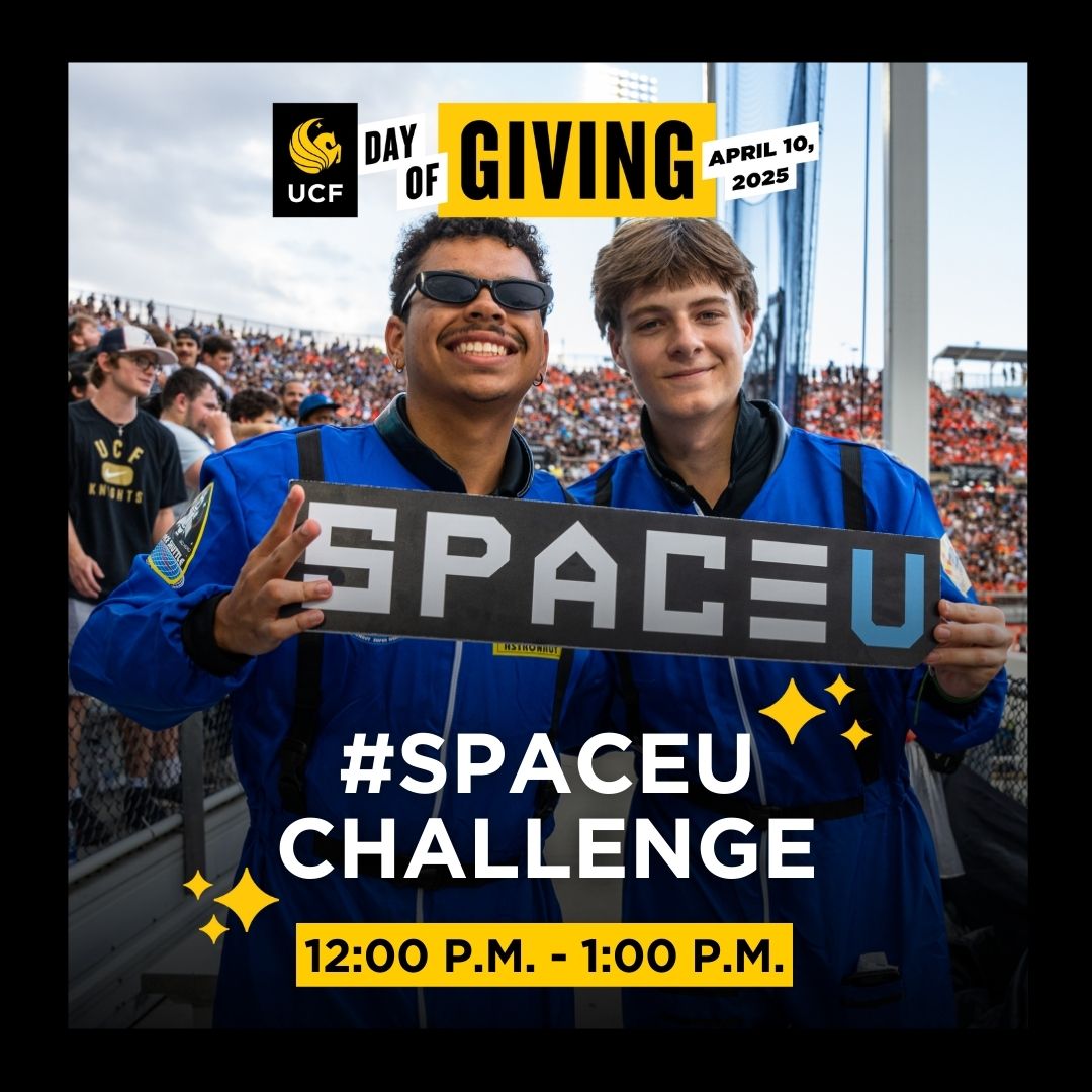 🚀 Ready, set, launch! Today, from 12pm to 1pm, post your photos or videos with #SpaceU and #UCFDayofGiving and help us win the challenge! Don't forget to tag <a href="/UCFALUMNI/">UCF Alumni</a> and <a href="/UCF/">UCF</a>! ✨