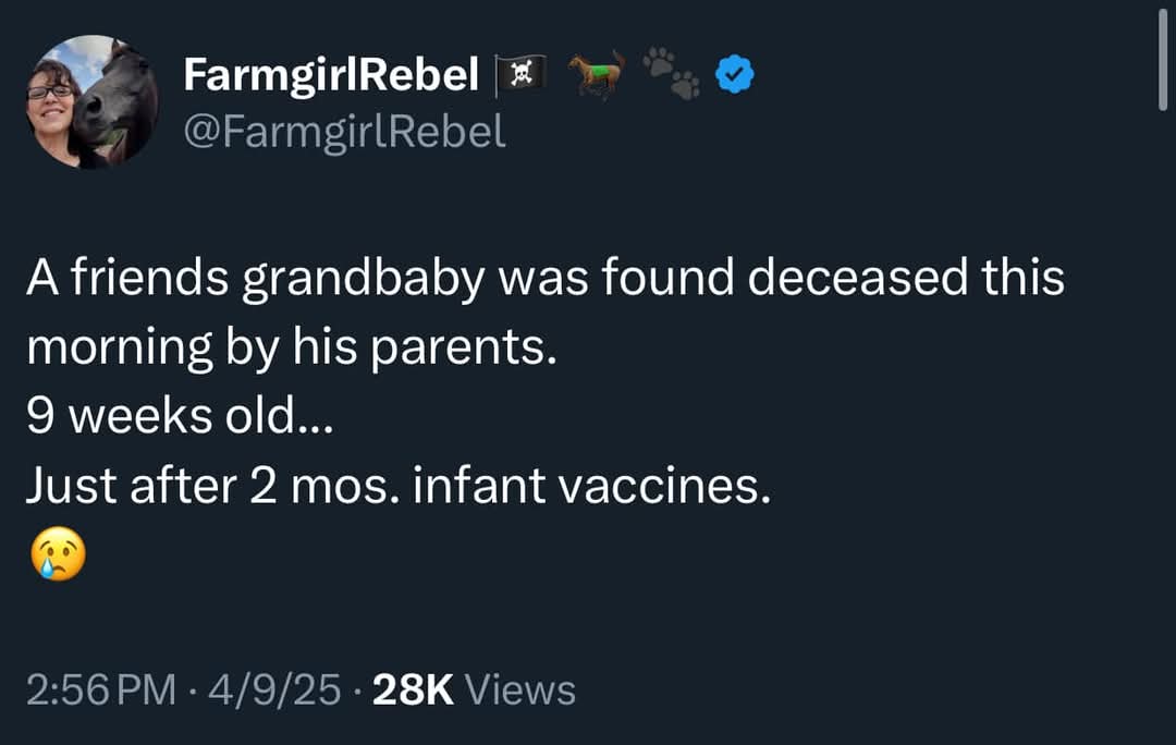 Can we just get the word out that vaccines cause cot deaths. Been trying a while now. Thanks