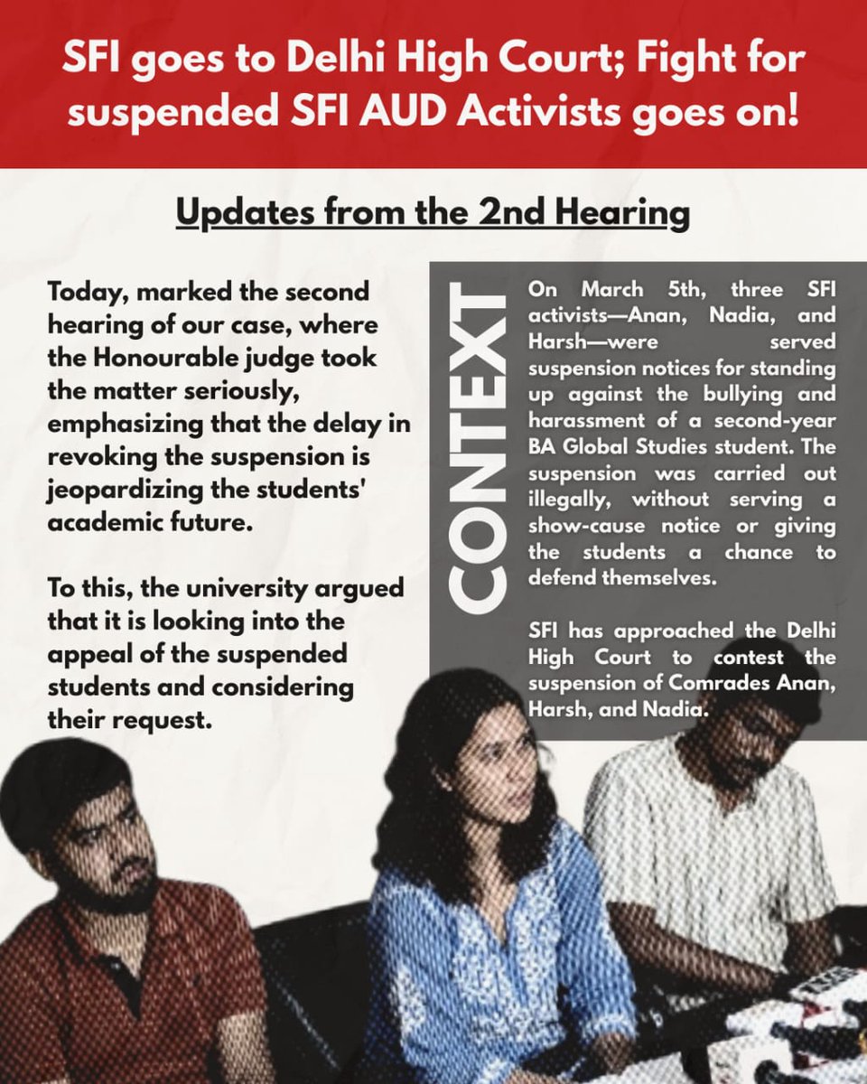 godlovesnadia's tweet photo. 5/
 Students took the matter to Delhi High Court.
 The judge showed sympathy.
 But the university has delayed the hearing twice, risking the academic future of the 3 students.
 Why delay justice? https://t.co/OCyWer0r8M