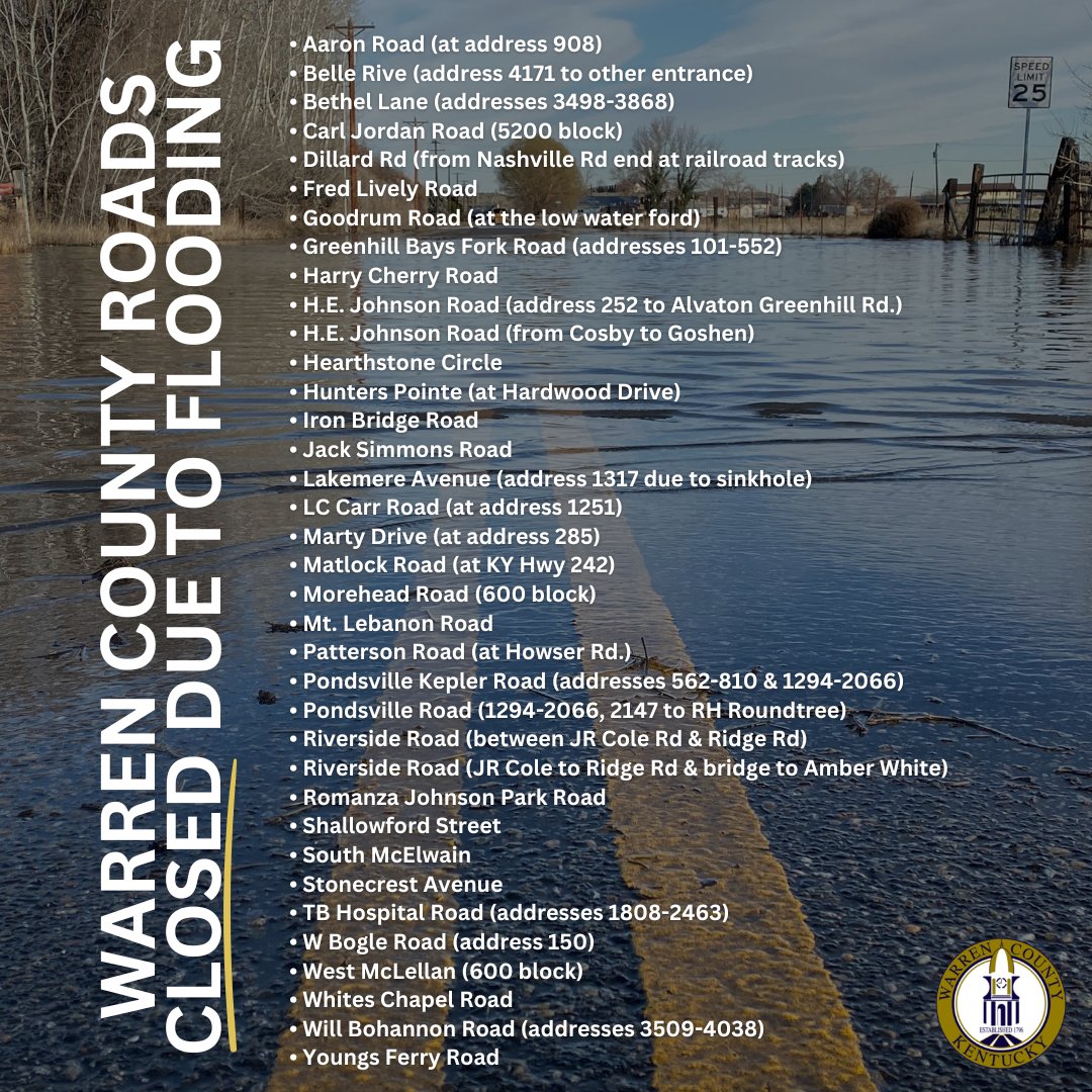 WarrenCountyGov's tweet photo. *Updated THURSDAY at 9:30 AM*

If the roadway is covered by water, TURN AROUND, DON'T DROWN.  Exercise extreme caution in these areas. If travel is not essential, please stay home and avoid driving until the rain subsides and waters recede. Your safety is our top priority. https://t.co/bcXF0lyICx