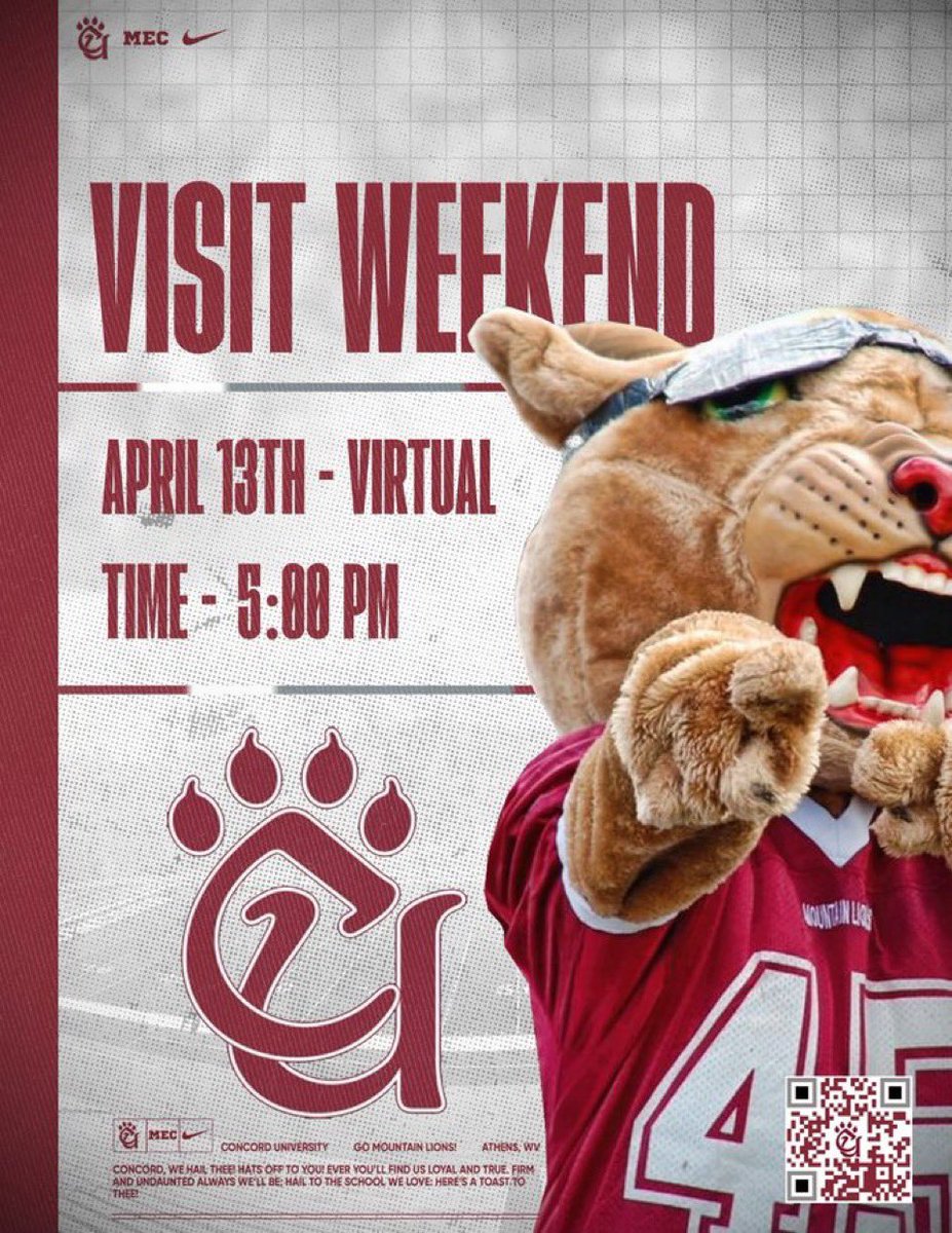 Peyton Cox (@coachcox65) on Twitter photo ๐จ Unsigned 25โs, JUCO, and Transfers looking for a HOMEโฆ
Sign up for our Virtual Visit this Sunday, April 13th at 5pm EST!
Big Weekend in Athens, WV
Use the QR code below to registerโผ๏ธ
<a href="/ConcordFootball/">Concord University Football</a> <a href="/PrepRedzoneWV/">Prep Redzone West Virginia</a> <a href="/PrepRedzoneVA/">Prep Redzone Virginia</a> <a href="/PrepRedzoneNC/">Prep Redzone North Carolina</a> ๐จ Unsigned 25โs, JUCO, and Transfers looking for a HOMEโฆ
Sign up for our Virtual Visit this Sunday, April 13th at 5pm EST!
Big Weekend in Athens, WV
Use the QR code below to registerโผ๏ธ
<a href="/ConcordFootball/">Concord University Football</a> <a href="/PrepRedzoneWV/">Prep Redzone West Virginia</a> <a href="/PrepRedzoneVA/">Prep Redzone Virginia</a> <a href="/PrepRedzoneNC/">Prep Redzone North Carolina</a>