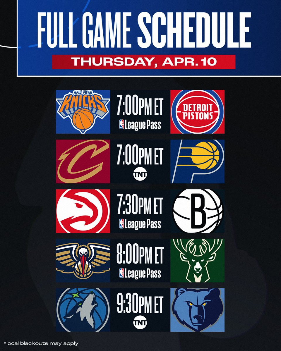 NBA's tweet photo. TONIGHT'S NBA SLATE 🍿

🏀 Knicks can clinch East No. 3 with win
🏀 Pacers can clinch East top 4 with win
🏀 West No. 8 Timberwolves vs. No. 6 Grizzlies (with just 1 game separating them)

📺 TNT, NBA League Pass https://t.co/LkFjcsChZN