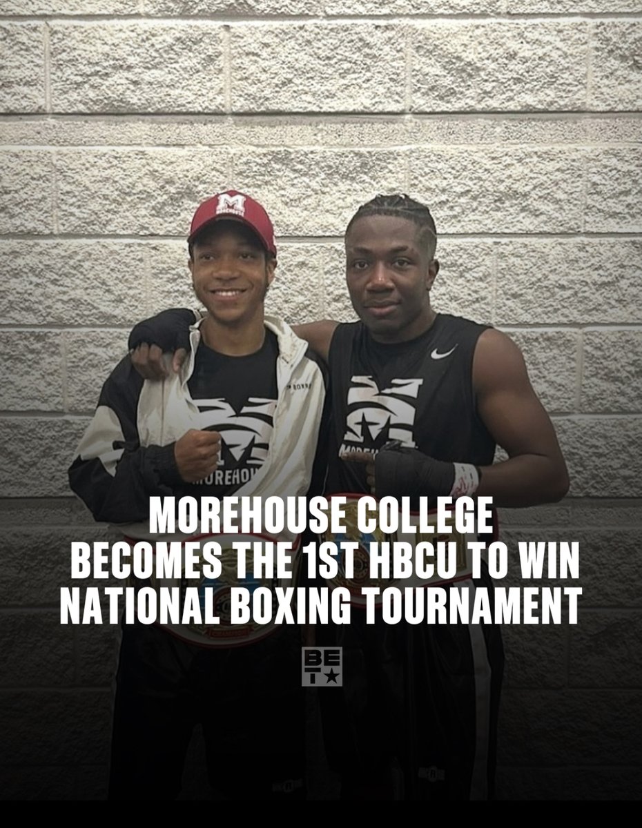 BET's tweet photo. HISTORY MADE. Morehouse just became the first HBCU to win a national boxing tournament and did it with pure power & Black excellence.
This win is bigger than the ring. Itโs a win for the culture. ๐๐ค
#Morehouse #HBWECU #BlackExcellence https://t.co/hEOKLDXJbQ