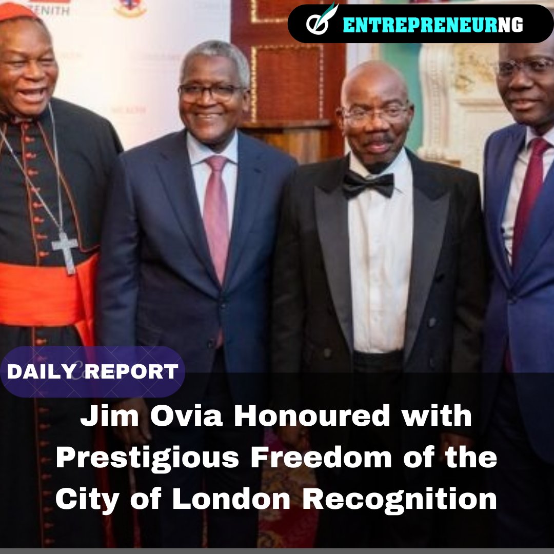EntrepreneNg's tweet image. Jim Ovia, CFR, Founder and Chairman of Zenith Bank Plc, has joined the ranks of global icons like Nelson Mandela, Bill Gates, and Desmond Tutu by receiving the prestigious 'Freedom of the City of London'.
 entrepreneurng.com/jim-ovia-honou…

#JimOvia #FreedomOfTheCity #EntrepreneurNg