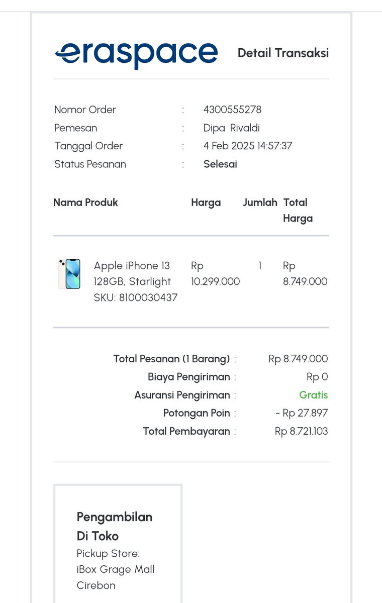 dipdip911's tweet photo. Bismillahirrahmanirrahim 
Saya mau jual iPhone 13 Starlight 128gb yang dibeli dari iBox tanggal 05 Februari 2025. Baru 2 bulan pemakaian. Semua fungsi normal, BH 100%, mulus like new.
via Tokopedia atau COD Kuningan atau Cirebon.
Harga 8jt. #zonauang #jualiphone #wts https://t.co/xx75ZRiKq6