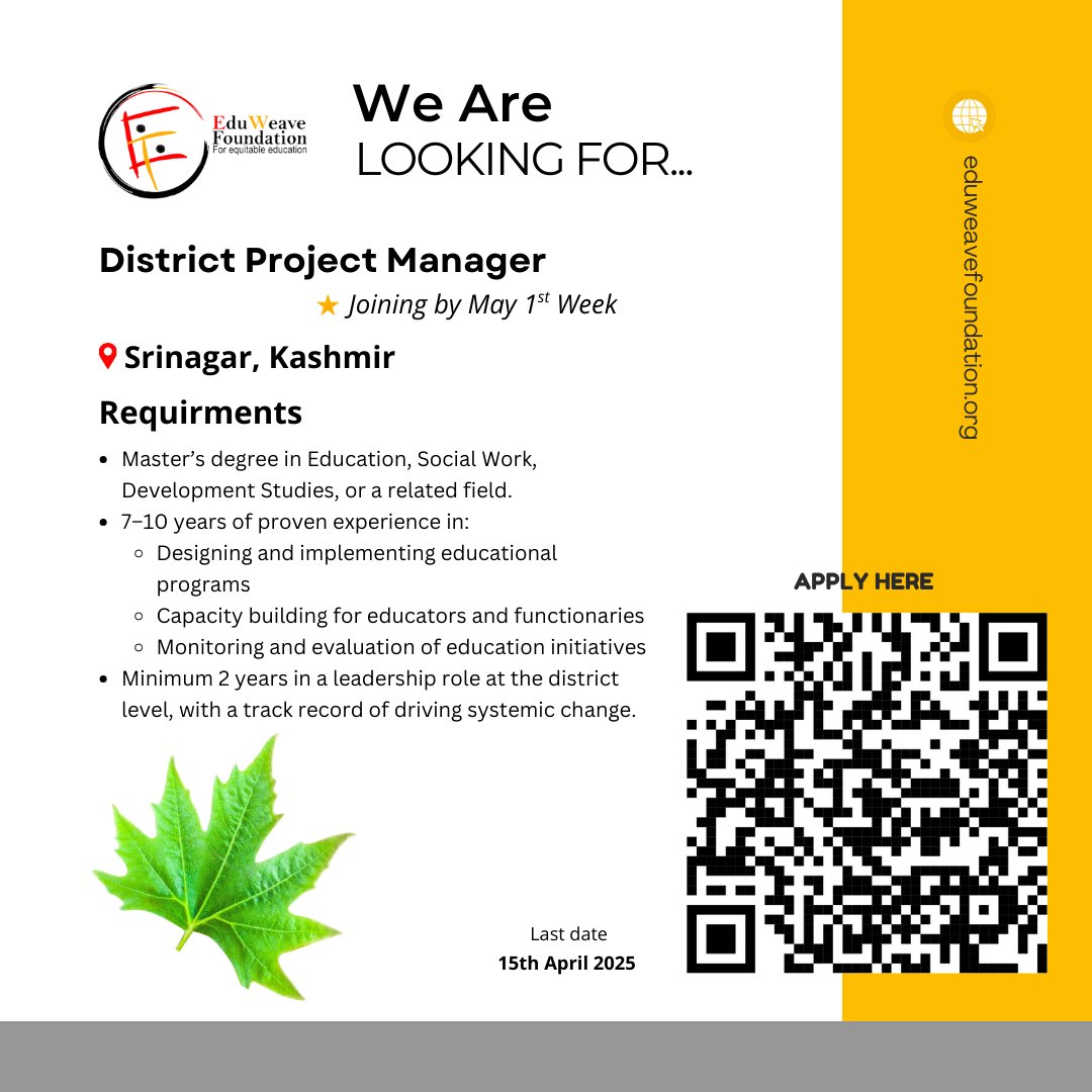 EduWeaveF1's tweet photo. #HiringAlert | Be a Changemaker in District Transformation! #Srinagar.

🔹 Learn more : https://t.co/AAteR7NFVe
📩 Apply now: https://t.co/F84UvOiPRA

#DistrictTransformation #FLN #EducationLeadership #Hiring #EquityInEducation #ImpactInEducation https://t.co/bCBbUbERGz