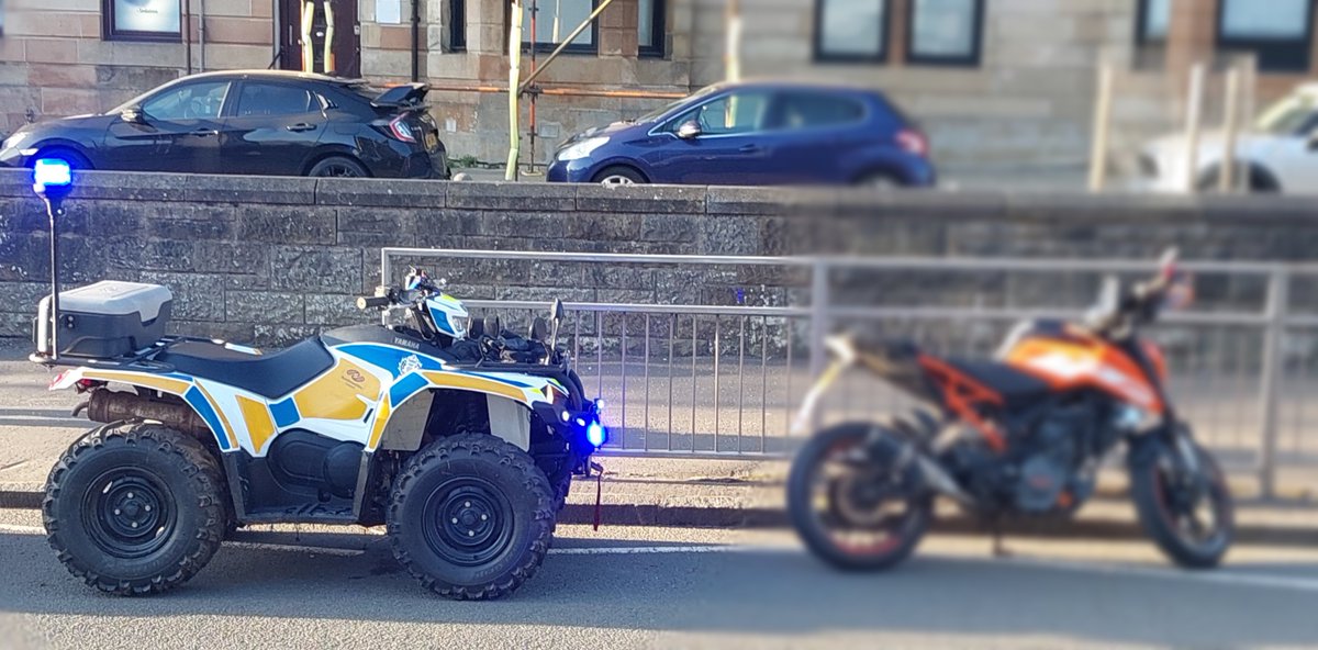 PSOSRenfInver's tweet photo. Officers from #RenfrewshireLPST on Quad (ATV) patrols in our parks and open spaces across Renfrewshire last night, after reports of antisocial use of off road bikes.  

They also stopped and seized a motorcycle for an alleged no insurance offence. #YouSaidWeDid #CommunityPolicing https://t.co/Cy3QpTE50b