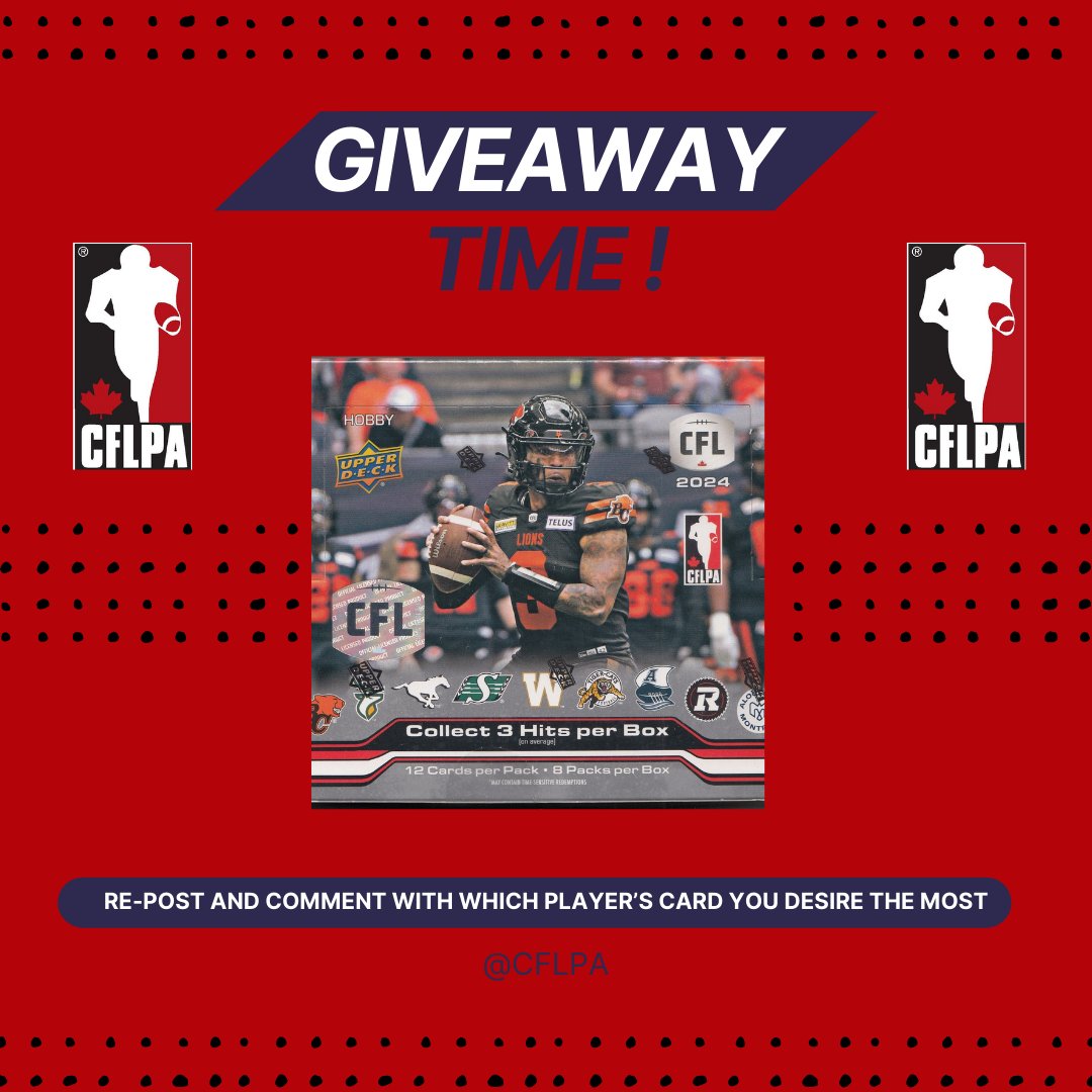 CFLPA (@cflpa) on Twitter photo We're back with another giveaway! Win some awesome autographed and memorabilia #CFL cards, courtesy of <a href="/UpperDeckSports/">Upper Deck</a>!
Enter for your chance to win multiple sealed boxes of the 2024 CFL Hobby set! Re-post and comment with which player's card you desire the most for a chance to We're back with another giveaway! Win some awesome autographed and memorabilia #CFL cards, courtesy of <a href="/UpperDeckSports/">Upper Deck</a>!
Enter for your chance to win multiple sealed boxes of the 2024 CFL Hobby set! Re-post and comment with which player's card you desire the most for a chance to