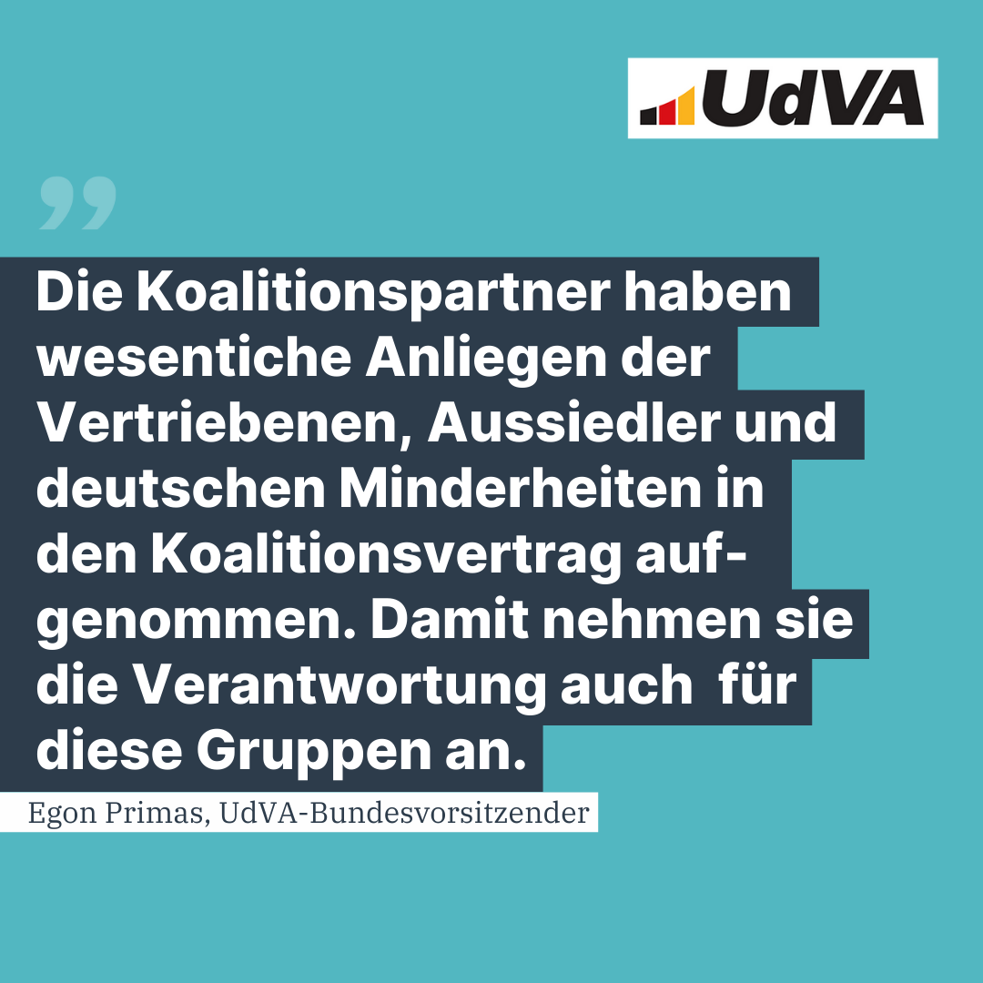 Der Koalitionsvertrag liegt vor. Viele UdVA-Anliegen aus dem Wahlprogramm von <a href="/CDU/">CDU Deutschlands</a> und <a href="/CSU/">CSU</a> sind dabei. Der #Politikwechsel kann kommen. Was der SPD nicht abgerungen werden konnte, sind Zusagen zur Rente für (Spät-)Aussiedler. Das ist bitter. 👉udva.cdu.de/artikel/primas…