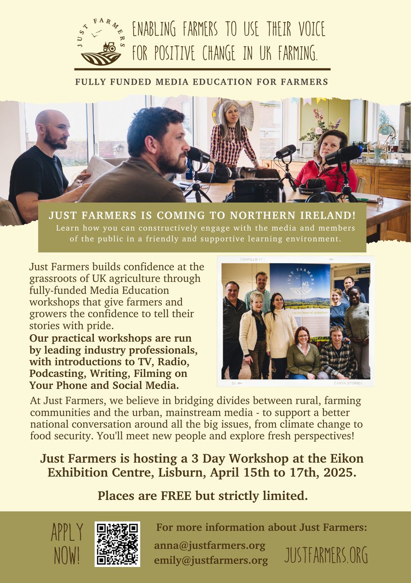 Anna Jones (@jonesthejourno) on Twitter photo Are you are a farmer or grower in #NorthernIreland? We have ONE SPACE LEFT in our <a href="/JustFarmersUK/">Just Farmers</a> workshop <a href="/EikonCentre/">EIKON EXHIBITION CENTRE</a> You will learn:
📖Storytelling
🤳Content creation
🎙️Radio & Podcasting
🎥Television
🖊️Writing
📱Social media
And it's FREE! Apply now:justfarmers.org/for-farmers/re… Are you are a farmer or grower in #NorthernIreland? We have ONE SPACE LEFT in our <a href="/JustFarmersUK/">Just Farmers</a> workshop <a href="/EikonCentre/">EIKON EXHIBITION CENTRE</a> You will learn:
📖Storytelling
🤳Content creation
🎙️Radio & Podcasting
🎥Television
🖊️Writing
📱Social media
And it's FREE! Apply now:justfarmers.org/for-farmers/re…