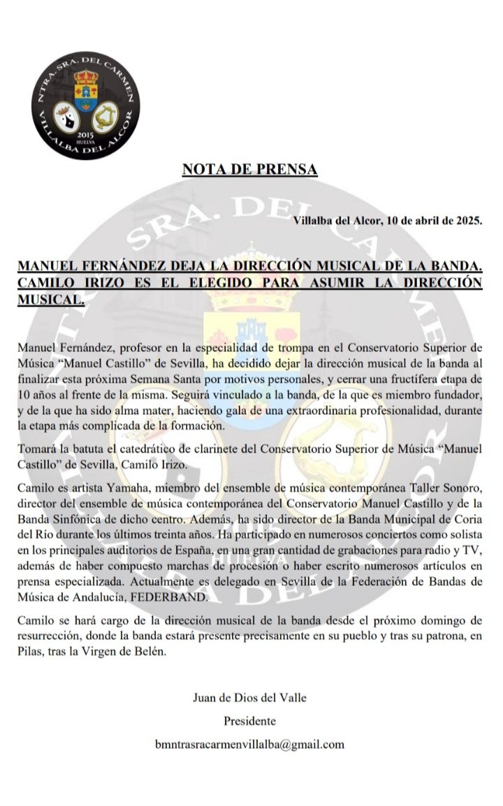 ⭕️ 𝐂𝐎𝐌𝐔𝐍𝐈𝐂𝐀𝐃𝐎 𝐎𝐅𝐈𝐂𝐈𝐀𝐋.

𝑴𝑨𝑵𝑼𝑬𝑳 𝑭𝑬𝑹𝑵𝑨́𝑵𝑫𝑬𝒁 𝑫𝑬𝑱𝑨 𝑳𝑨 𝑫𝑰𝑹𝑬𝑪𝑪𝑰𝑶́𝑵 𝑴𝑼𝑺𝑰𝑪𝑨𝑳 𝑫𝑬 𝑳𝑨 𝑩𝑨𝑵𝑫𝑨. 
𝑪𝑨𝑴𝑰𝑳𝑶 𝑰𝑹𝑰𝒁𝑶 𝑬𝑺 𝑬𝑳 𝑬𝑳𝑬𝑮𝑰𝑫𝑶 𝑷𝑨𝑹𝑨 𝑨𝑺𝑼𝑴𝑰𝑹 𝑳𝑨 𝑫𝑰𝑹𝑬𝑪𝑪𝑰𝑶́𝑵 
𝑴𝑼𝑺𝑰𝑪𝑨𝑳.
