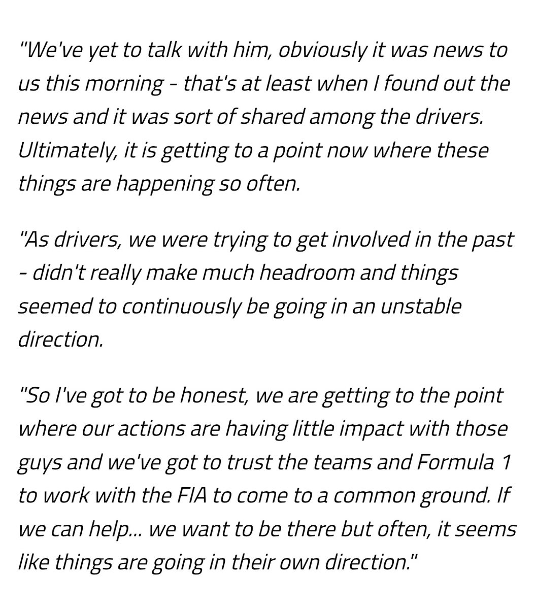 leclercsletters's tweet photo. according to george, robert reid wrote a letter to the drivers explaining why he was leaving. he also said the drivers tried getting involved in the past, but didn't have much space and, even tho they wanna be there, things are going in the FIA's direction https://t.co/FzSl67Kdsa