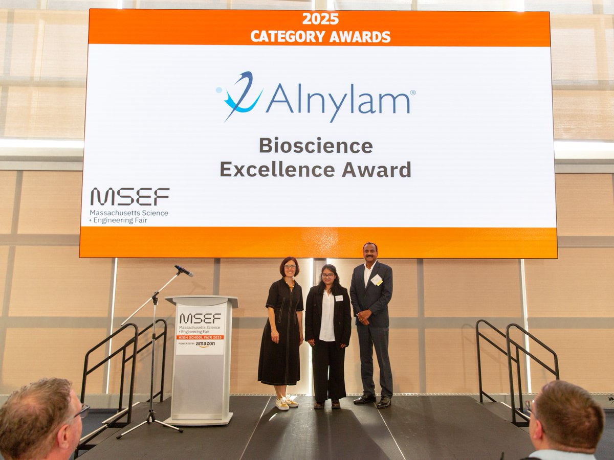 Alnylam's tweet photo. We’re proud to support the Massachusetts Science &amp; Engineering Fair and celebrate future scientists. This year, the Alnylam Bioscience Excellence Award went to Adrita Samanta, recognizing innovation and curiosity in STEM. #STEM #FutureScientists https://t.co/MOjJJFwPjl