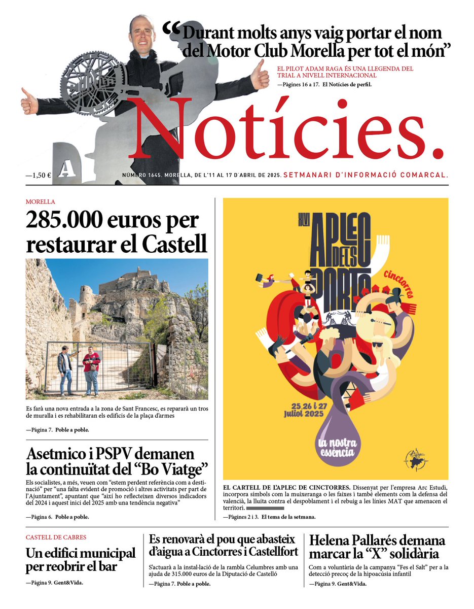 Aquesta és la portada del Notícies que trobaràs demà pel matí al teu quiosc!
🗞
#Cinctorres #Morella #ElsPorts #Castelló #ComunitatValenciana