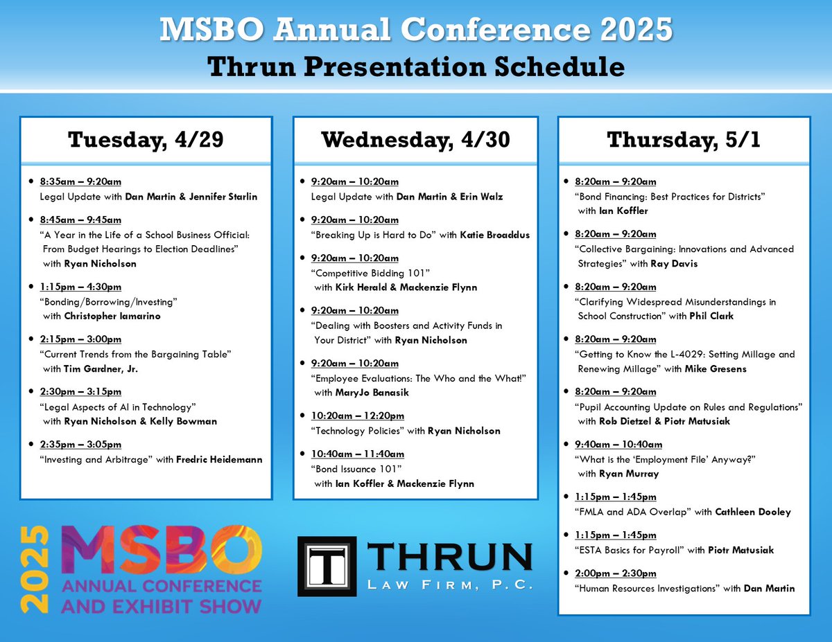Will you be at #MSBO this month? Be sure to sign up for a presentation with #TeamThrun!

Thrun attorneys will be presenting multiple sessions on each day of the conference. We hope to see you there!

Register now: msbo.org/2025-msbo-annu…