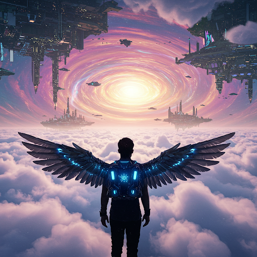 In the Gravitwist realm, Sky-Holds defy the Down-Pull. I'm Kai, a Wind-Rider, delivering a Chrono-Glyph to Zenith, the highest Aether-Spire. The Ground-Swirl below is a Color-Tide of madness.

#Gravitwist #SkyHolds #WindRider