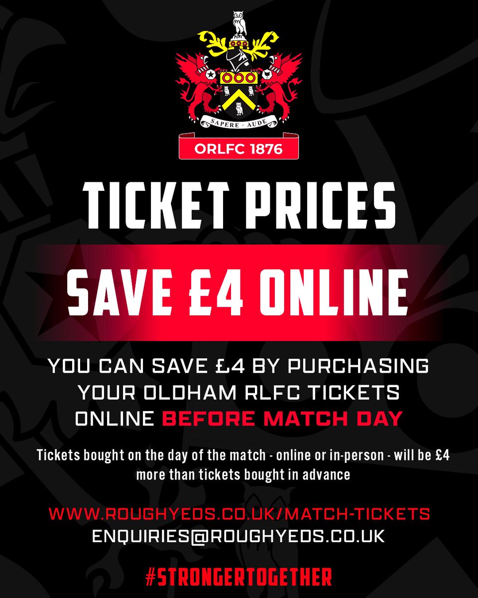 LAST CHANCE

Coming to Boundary Park tomorrow to watch us take on Featherstone? 

Make sure you book your tickets before midnight to save yourself £4!

We can't wait to see you all tomorrow.

roughyeds.ticketco.events/uk/en/e/oldham…