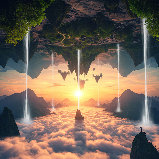 The Sky-Paths are treacherous. Void-Beasts patrol the Aero-Currents. But the Sky-Vista is Awe-Maelstrom. Upside-Peaks pierce the Cloud-Veil, Reverse-Falls cascade up, and the Sun-Flare burns from the Sky-Floor. 

#AeroCurrents #SkyVista #ReverseFalls