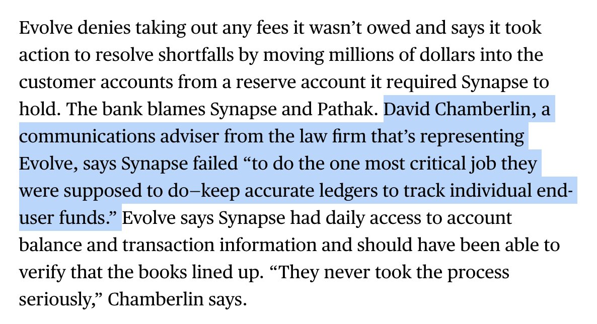 mikulaja's tweet photo. New story in @Bloomberg on Synapse today. Crazy to me that Evolve is still trying to blame Synapse like this, given Synapse was a third-party service provider Evolve engaged &amp; was ultimately responsible for overseeing: https://t.co/nTOkXMozfI
