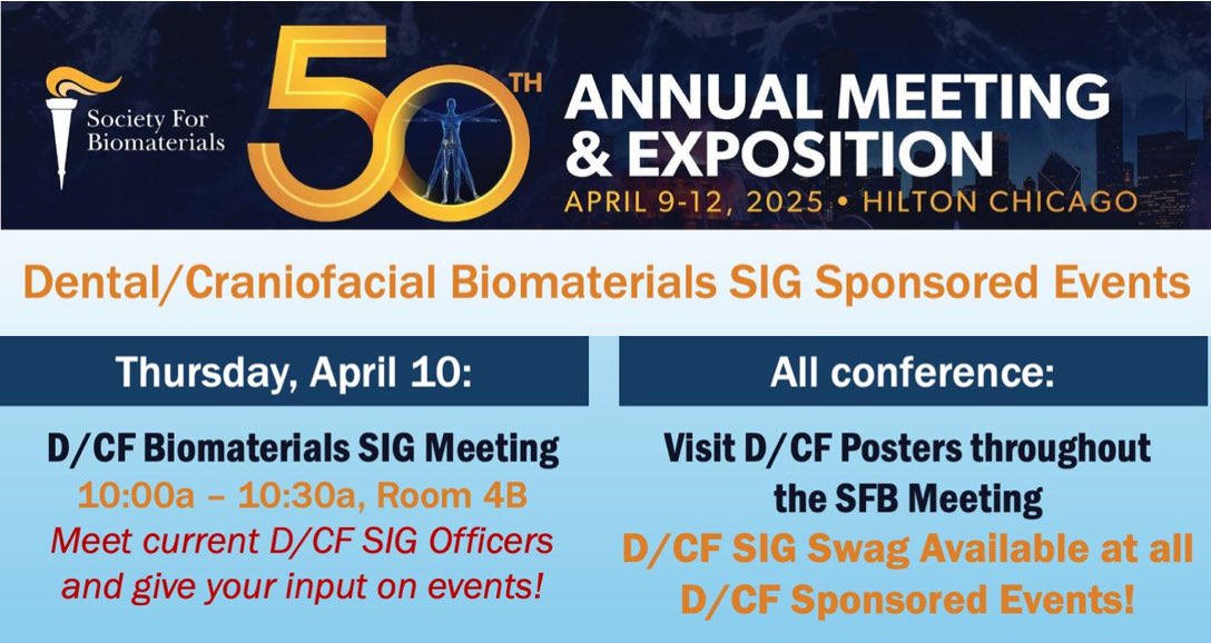 Daniel Harrington (@harringdan) on Twitter photo Hey <a href="/SFBiomaterials/">SFBiomaterials</a> folks in Dental/Craniofacial work! Don’t forget that that Dental SIG is meeting this Thursday morning during the break from 10am-10:30am in Room 4B! Come meet SIG members and get your D/CF SIG swag! #SFB2025 Hey <a href="/SFBiomaterials/">SFBiomaterials</a> folks in Dental/Craniofacial work! Don’t forget that that Dental SIG is meeting this Thursday morning during the break from 10am-10:30am in Room 4B! Come meet SIG members and get your D/CF SIG swag! #SFB2025