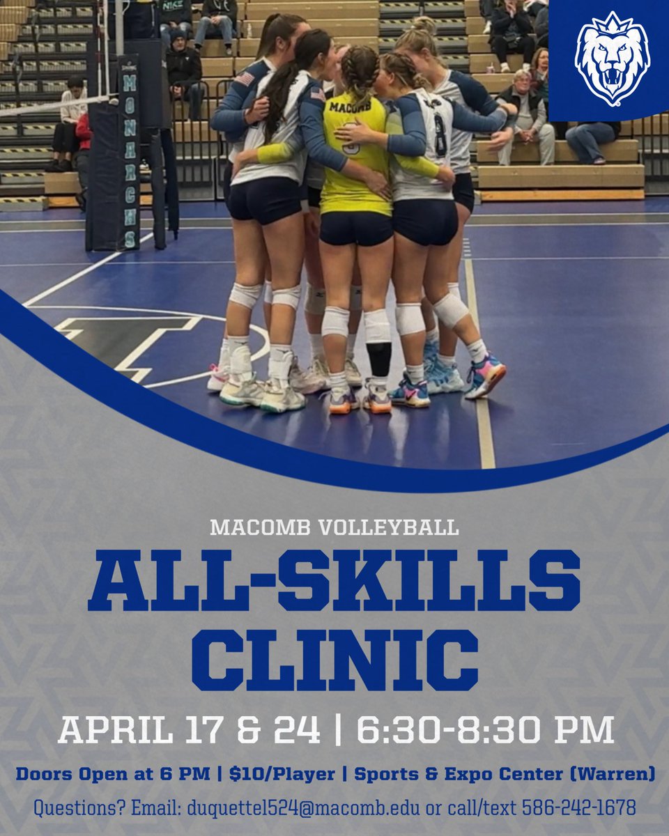 .<a href="/MacombVB/">Macomb Volleyball</a> is hosting two Thursday night clinics this month!

🗓️ April 17 &amp; 24
⏰ 6:30 - 8:30 PM (Doors open at 6 PM)
📍 Sports &amp; Expo Center - Warren
💲 $10 per player

Open to all skill levels! Don’t miss out!

Questions? Email duquettel524@macomb.edu or text/call 586-242-1678!