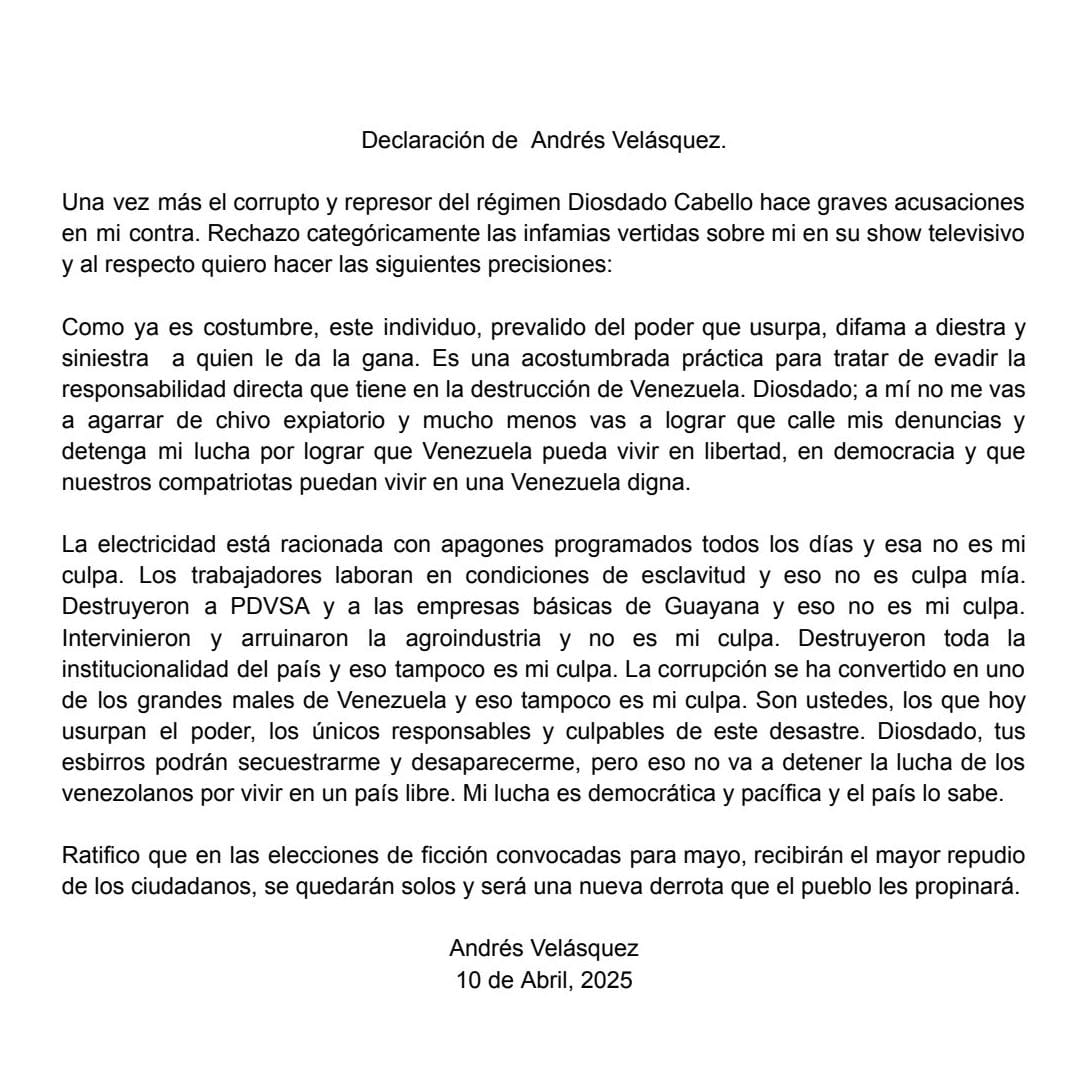 Respondiendo las infamias de Diosdado Cabello, proferidas el miércoles 9 de abril 2025