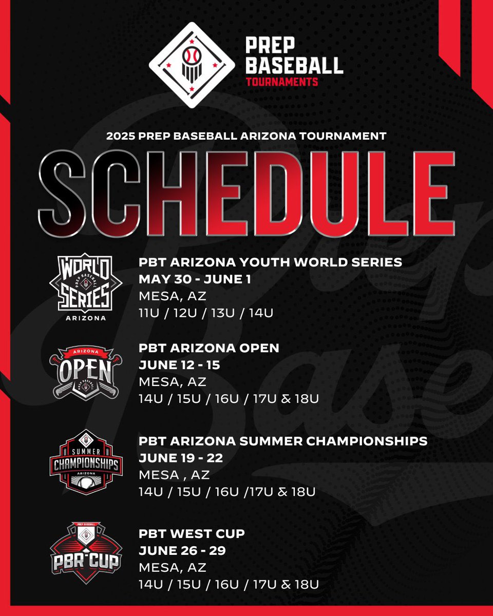 Spots still available for our 2025 events at Arizona Athletics Grounds in Mesa!

Be sure to secure your spots in the link below, before events are sold out!⬇️

tournaments.prepbaseballreport.com/?region=&event…