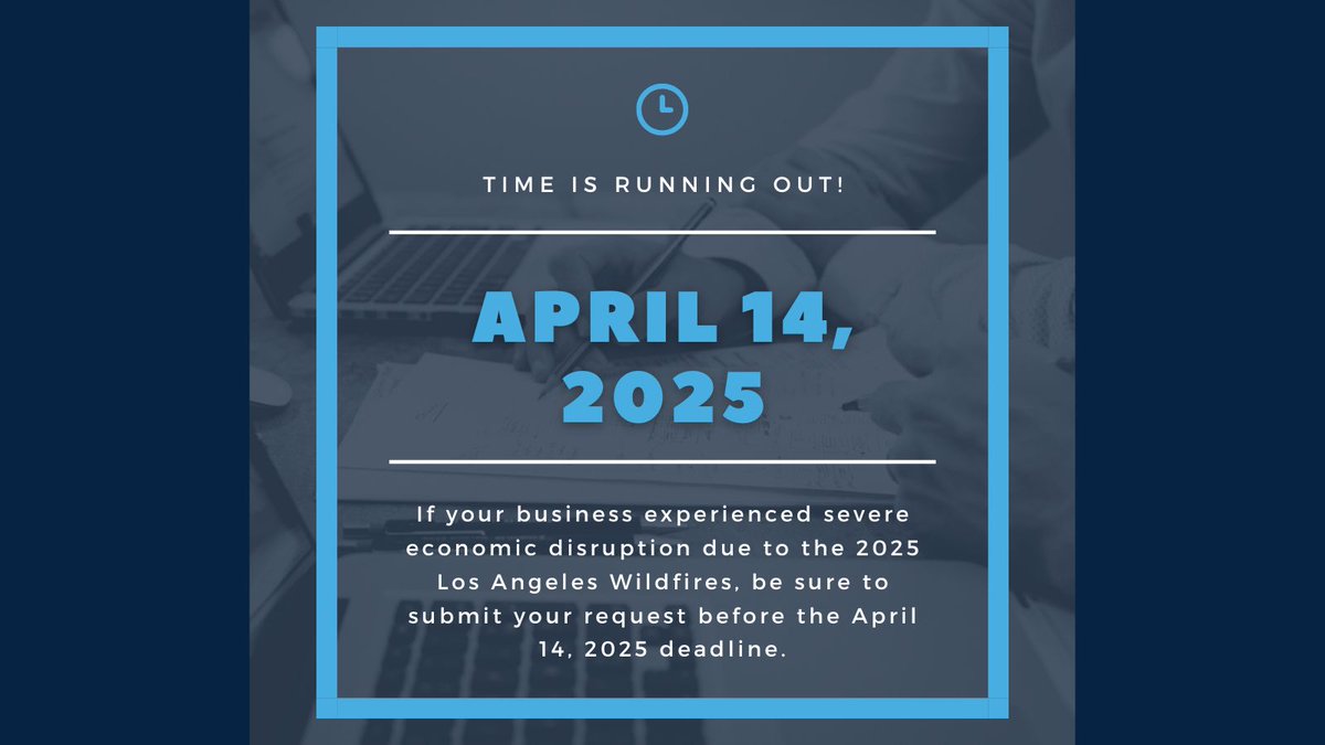 Time is running out! If your business experienced severe economic disruption due to the 2025 Los Angeles Wildfires, be sure to submit your request before the April 14, 2025 deadline. 
Visit our Tax Relief FAQs for more information. finance.lacity.gov/blog/business-…