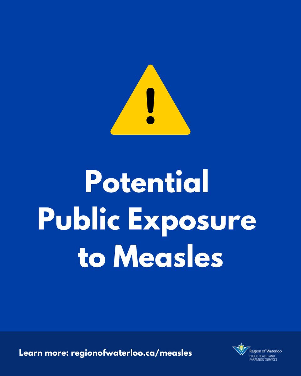 ROWPublicHealth's tweet photo. There have been confirmed local cases of measles in Waterloo Region. Residents who think they may have been exposed should call 519-575-4400. A list of potential public exposure locations (last updated today, April 10) can be found on our website: https://t.co/YHMJ8PrS3O https://t.co/hFSPI8rKyV