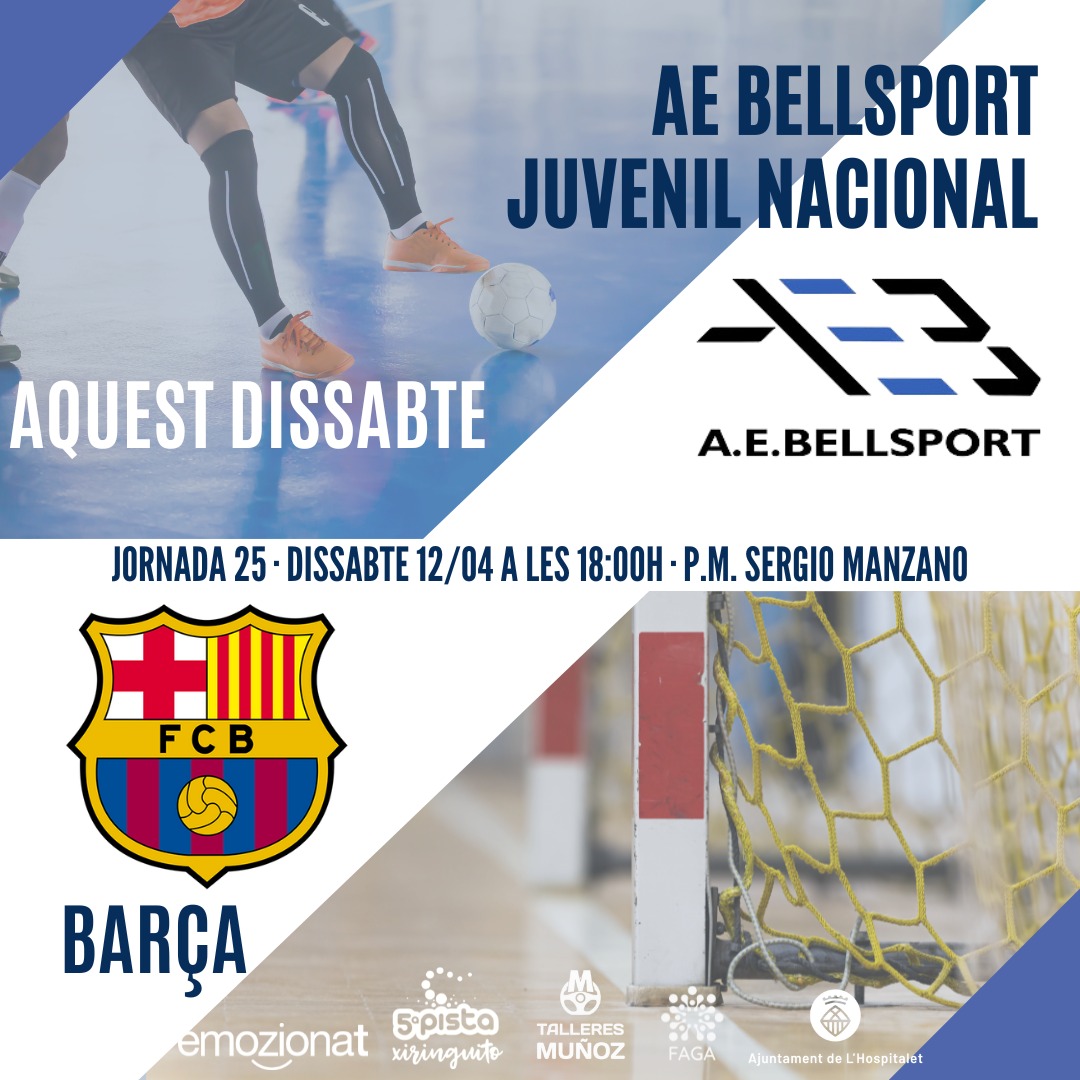 aebellsport's tweet photo. ⚽ Aquests és l'horari del partit d'aquest cap de setmana del nostre equip nacional 🤩
📌 Dissabte: Juvenil Nacional - Barça a les 18:00h al P. M. Sergio Manzano
#EsportsLH #partits #futsal #futbol #somosbellsport🔵⚫️ #esport #deporte #Bellsport #Bellvitge #LHospitalet https://t.co/ASNtJKxEYh