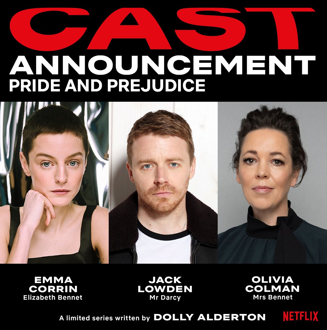 NetflixUK's tweet photo. A new PRIDE AND PREJUDICE adaptation written by Dolly Alderton is coming to Netflix!

Emma Corrin, Jack Lowden and Olivia Colman will star in the six-part limited series. Production begins this year. https://t.co/bXf0lLfrgS