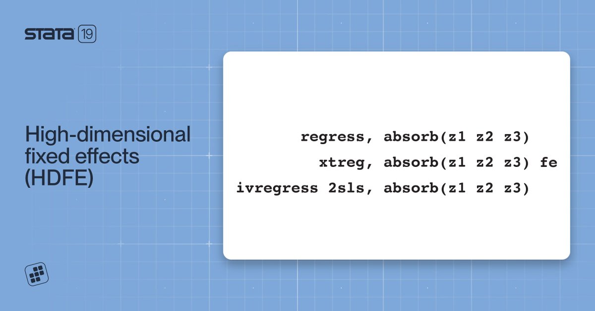 New in #Stata19: High-dimensional fixed effects (HDFE)

Absorb multiple categorical variables in your models with 𝗮𝗯𝘀𝗼𝗿𝗯() for 𝗮𝗿𝗲𝗴,  𝘅𝘁𝗿𝗲𝗴, and 𝗶𝘃𝗿𝗲𝗴𝗿𝗲𝘀𝘀 𝟮𝘀𝗹𝘀—without the computational burden.

Faster estimation, more focused results, better insights.