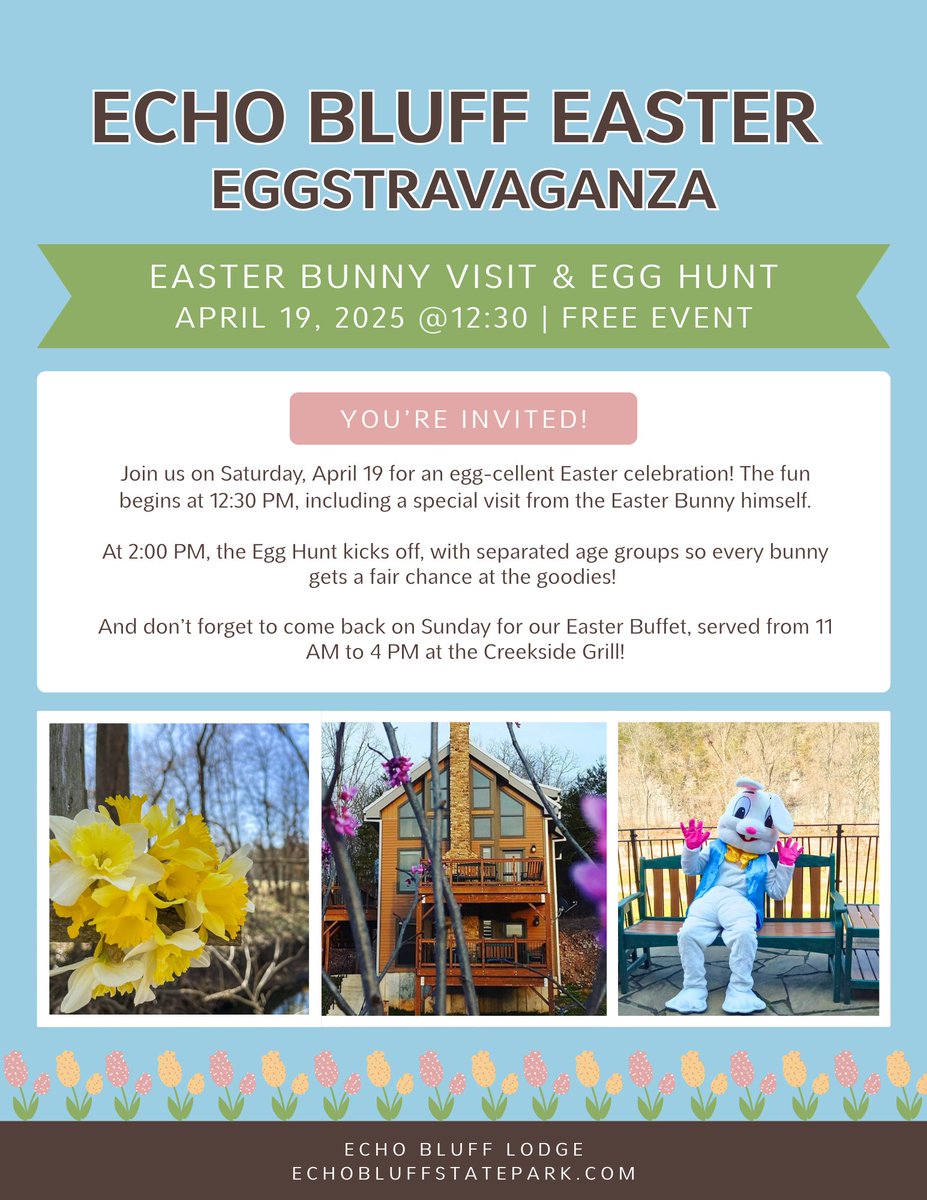Hop on over to our Echo Bluff Easter Eggstravaganza! 🐰 Join us for a fun-filled day with the Easter Bunny, and an exciting egg hunt on April 19th, and a delicious Easter Buffet on April 20th! Don't miss out on the festive fun! 🌷🥚