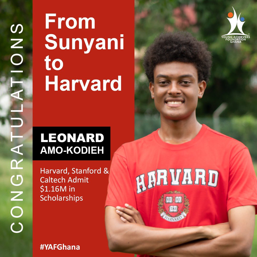 yaf_ghana's tweet image. Today, we’re thrilled to celebrate one of our incredible scholars, 𝐋𝐞𝐨𝐧𝐚𝐫𝐝 𝐀𝐦𝐨-𝐊𝐨𝐝𝐢𝐞𝐡, for his admission to @Harvard on a full scholarship. He also received offers from #Stanford &amp;amp; #Caltech, with total scholarships amounting to $1.16 𝐦𝐢𝐥𝐥𝐢𝐨𝐧 over four years