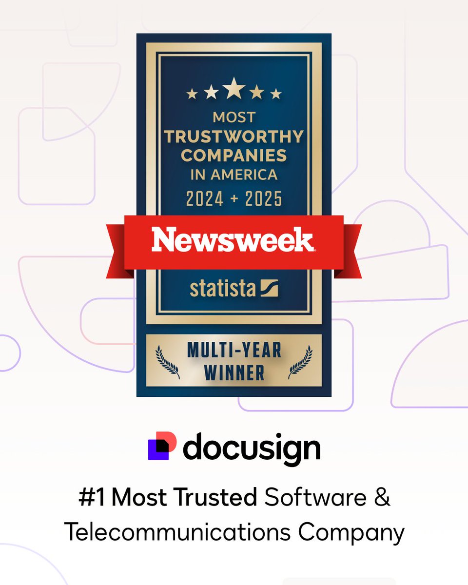🏆 Docusign has just been named Newsweek’s #1 “Most Trustworthy Company” in the Software and Telecommunications industry - 2 years running! 

Trust is more than a feature within Docusign IAM - it’s the foundation of how we operate. 

Learn more: ow.ly/Yx4M50VxSKh