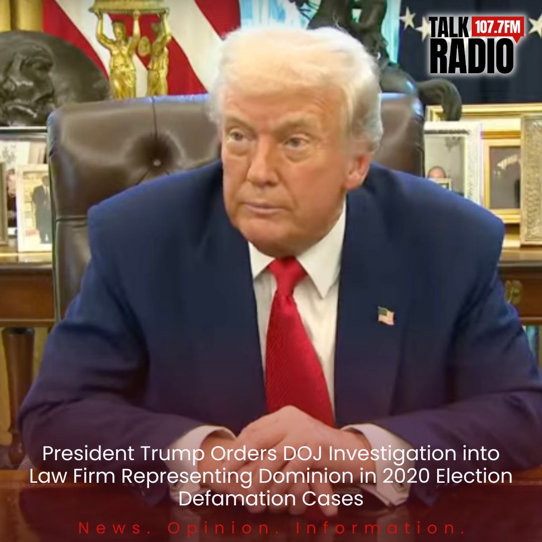 TalkRadio1077's tweet photo. President Trump has ordered the DOJ to investigate the law firm representing key figures in the Georgia election case, raising major legal and political stakes. This move could shake up the 2024 race—big time. Stay tuned as this story unfolds. https://t.co/u0pG7sU5MV