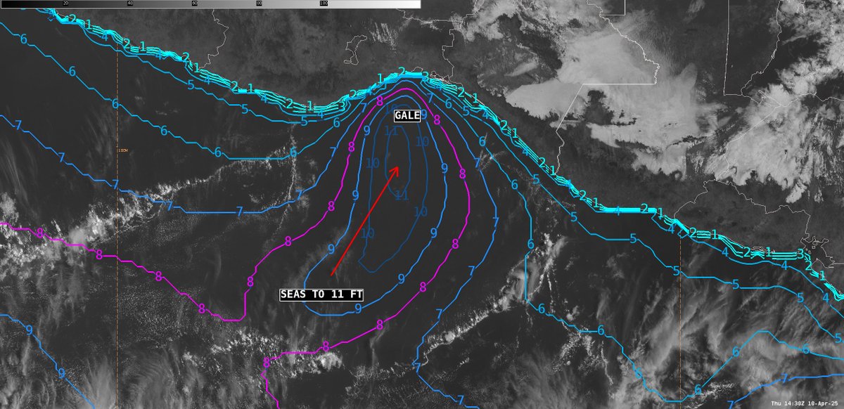 NHC_TAFB's tweet photo. [1500 UTC 10 April 2025] The #GaleWarning for the Gulf of Tehuantepec continues this morning, with winds to 40 kt and seas to 11 ft.

The latest significant wave height analysis is shown below, with seas greater than 8 ft inside the pink contour. https://t.co/26J6Uogt6o https://t.co/ziMYsXUz2V