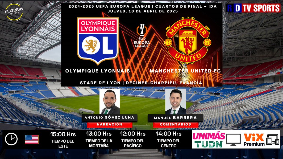 ramonovic09's tweet photo. #UEL 2024-2025 #CuartosDeFinal Ida | 🇫🇷 #Lyon 🆚 #ManchesterUnited 🏴
🗓️ Hoy
🇺🇸 ⏰ 15:00 Hrs ET, 12:00 Hrs PT
📺 @UniMas, @TUDNUSA
📱💻 @VIX Premium
🎤 @AgomezlunaM
🎤📝 @AgomezlunaM
🤳🏼 #EuropaLeagueEnViX #OLMAN #OLMNU #OLMUFC #LyonManchesterUnited https://t.co/tzgqznYabe