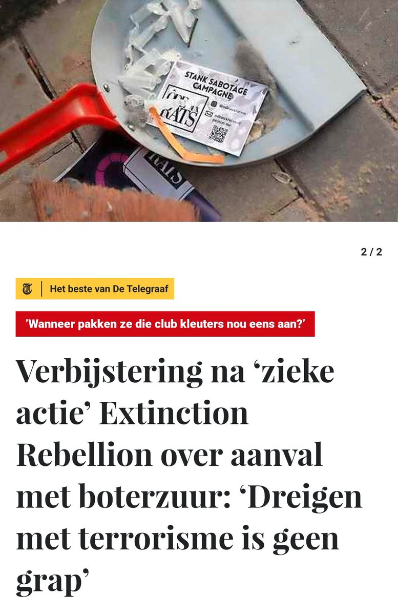 maartenbrink's tweet image. Onschuldig of niet en wie het ook doet; dreigen met dit soort streken kun je echt niet normaal vinden. Verbijstering na ‘zieke actie’ #ExtinctionRebellion over aanval met #boterzuur: ‘Dreigen met terrorisme is geen grap’ 

telegraaf.nl/nieuws/9091882…
#XR #actievoeren #politie