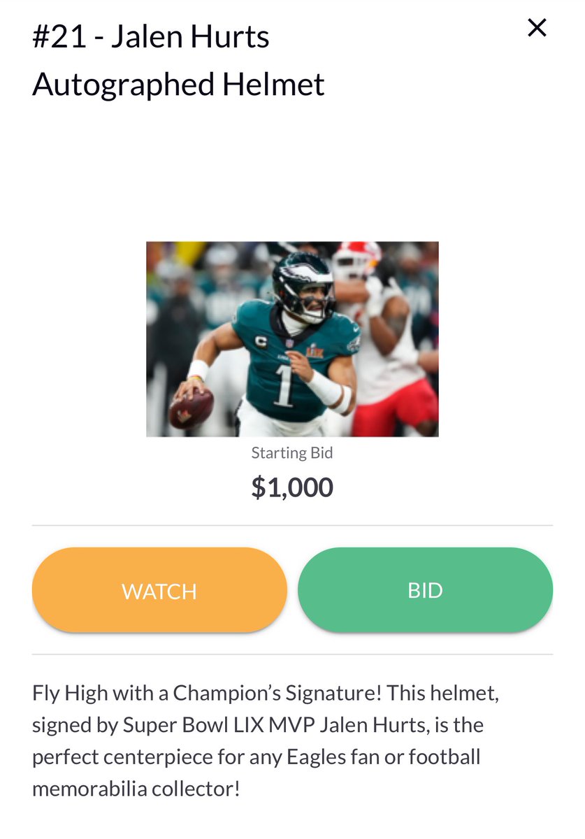 Any Eagles fans out there 👀👀👀 

Your chance to win a signed helmet from either superbowl MVP Jalen Hurts or NFL leading rusher Shaquan Barkley 

Jalen: one.bidpal.net/kinneinvitatio…

Saquan: one.bidpal.net/kinneinvitatio…
